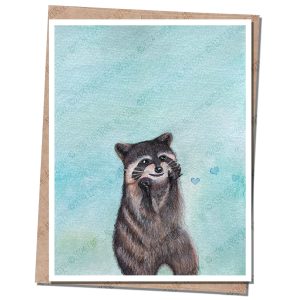 racoon with hearts next to face. blue background