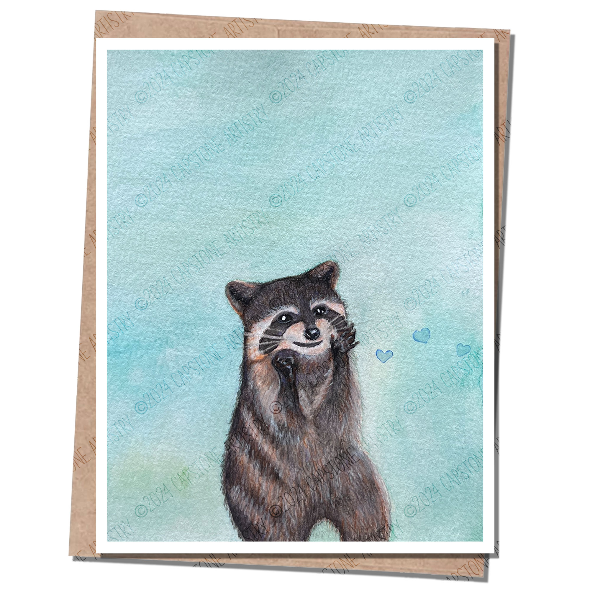 racoon with hearts next to face. blue background