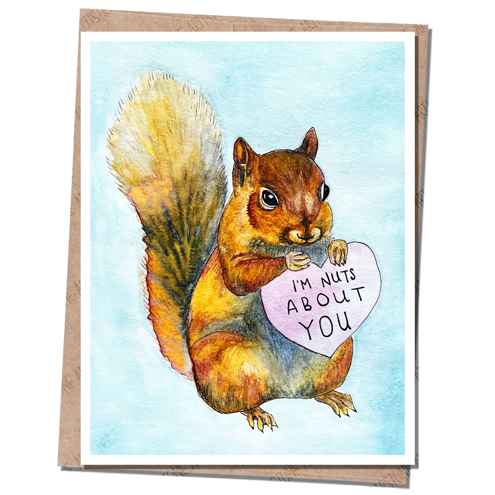 a squirrel holds a pink heart that reads "i'm nuts about you." blue background